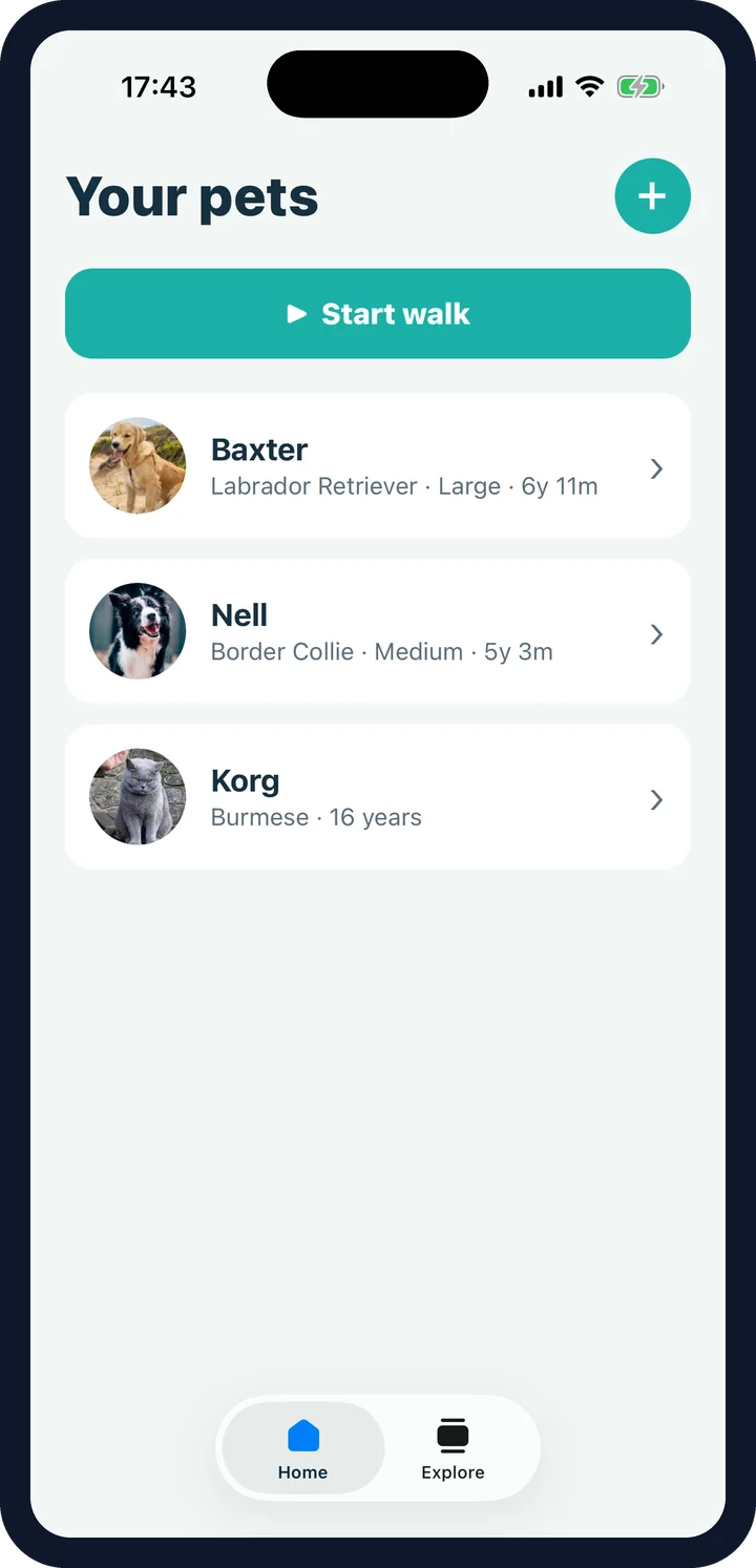 CorePaw home screen — your pets and a start-walk button
