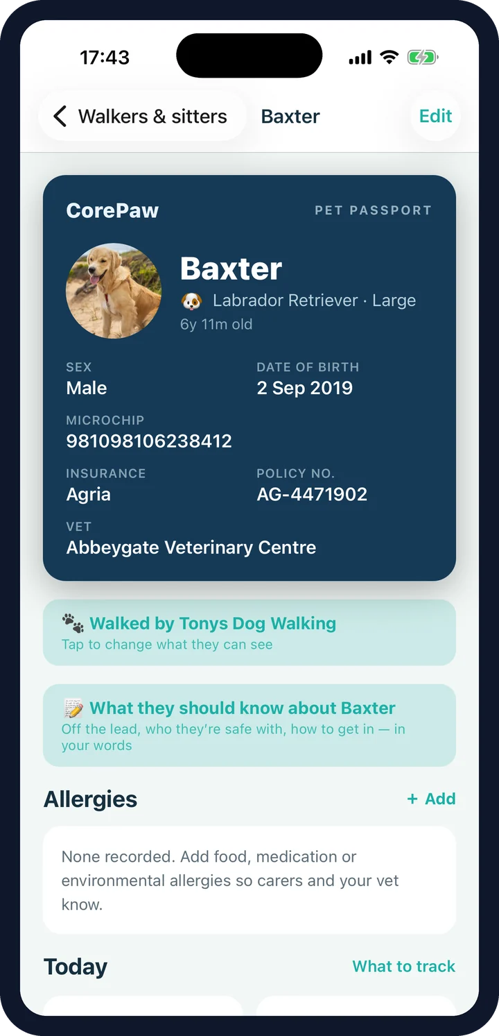 CorePaw digital pet passport — identity, microchip, insurance and vet details