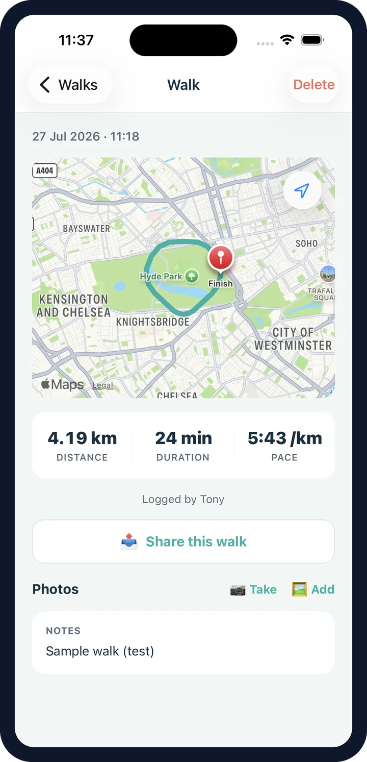 CorePaw live GPS dog walk with route map, distance, duration and pace