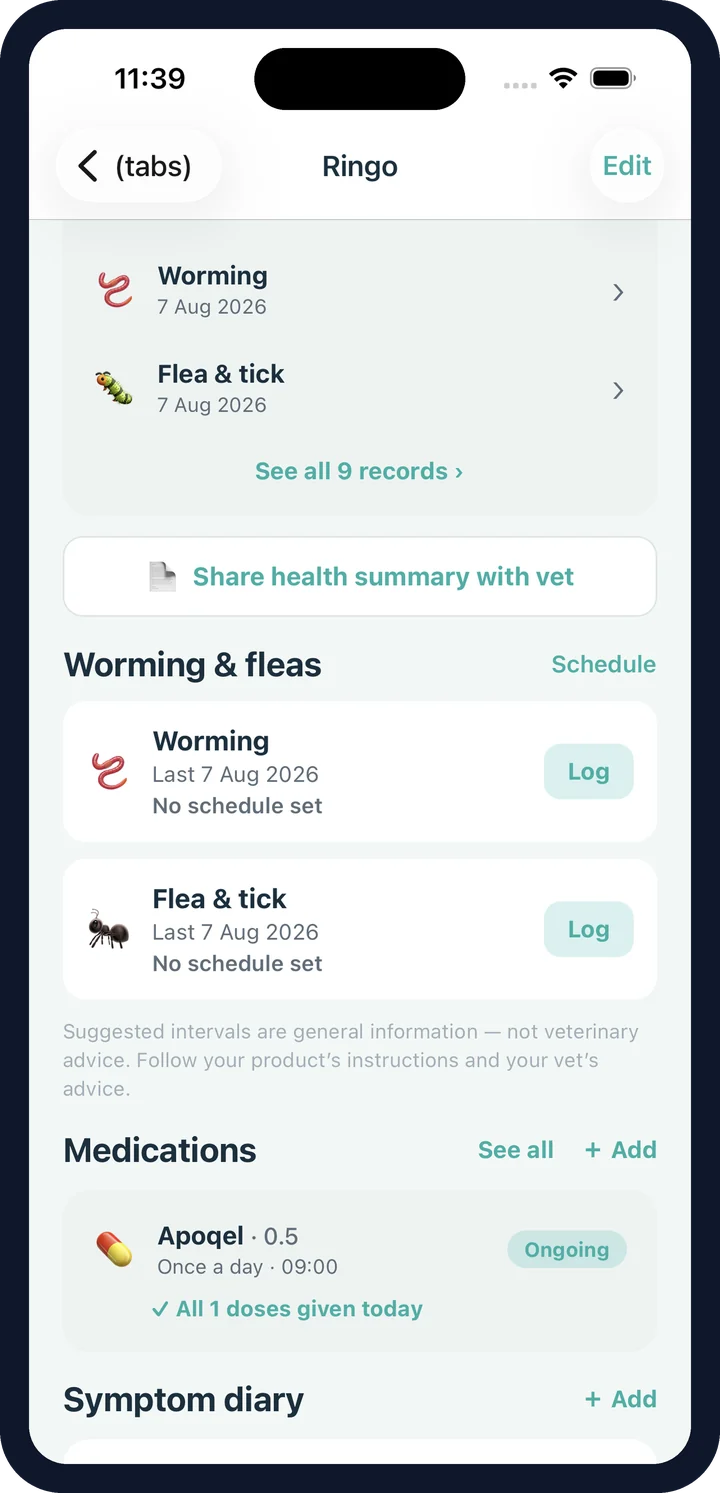 CorePaw health records with a due strip and vaccination history