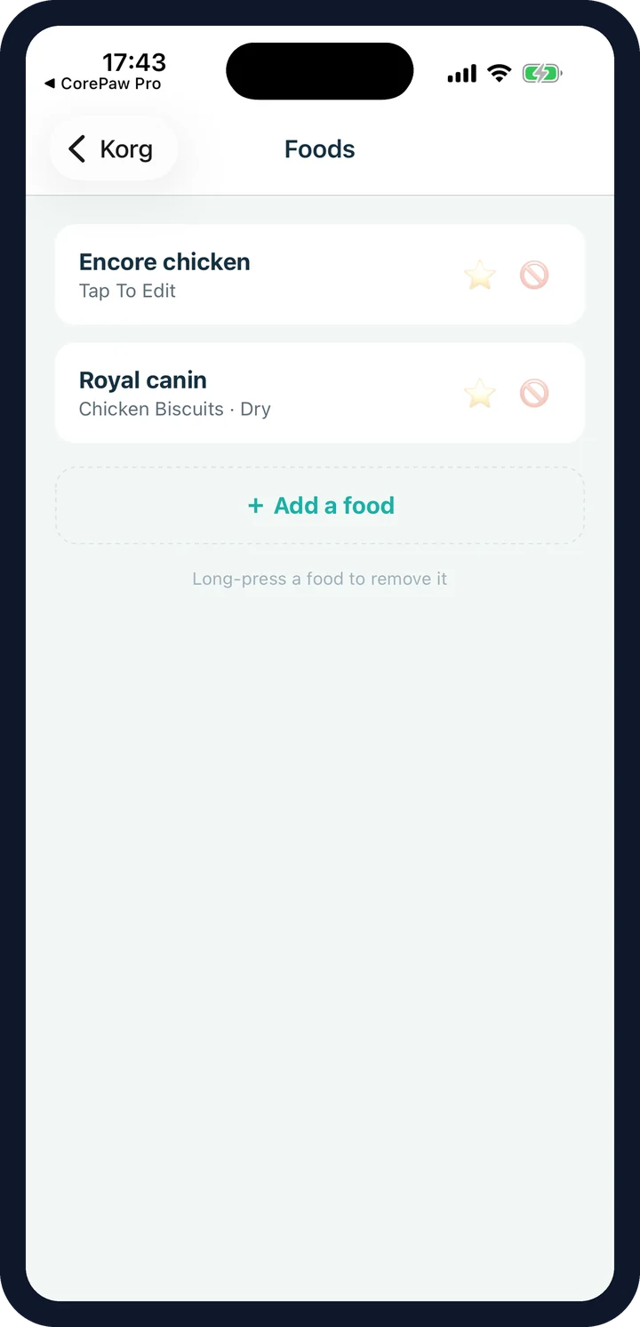 CorePaw food library with a blocked food flagged