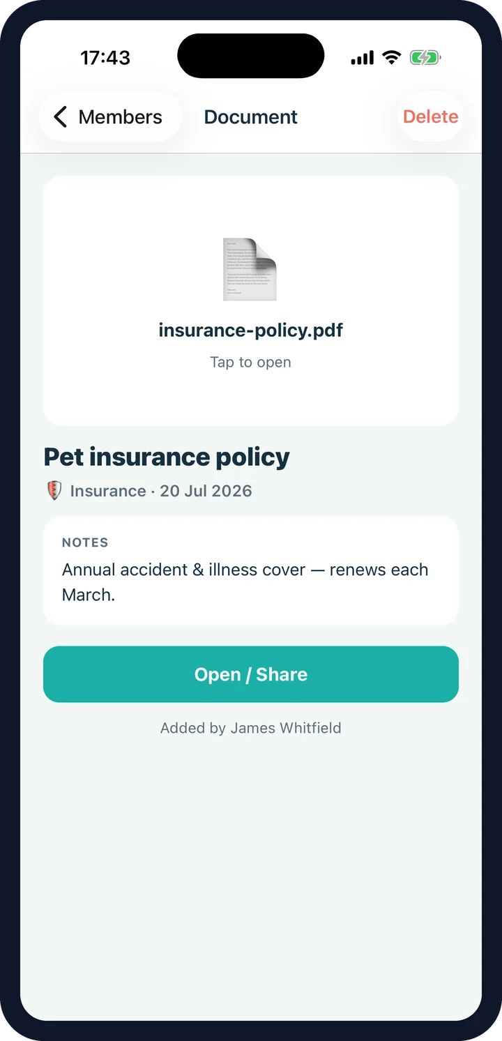 CorePaw documents vault — pedigree certificate, insurance policy, vet letter and receipts