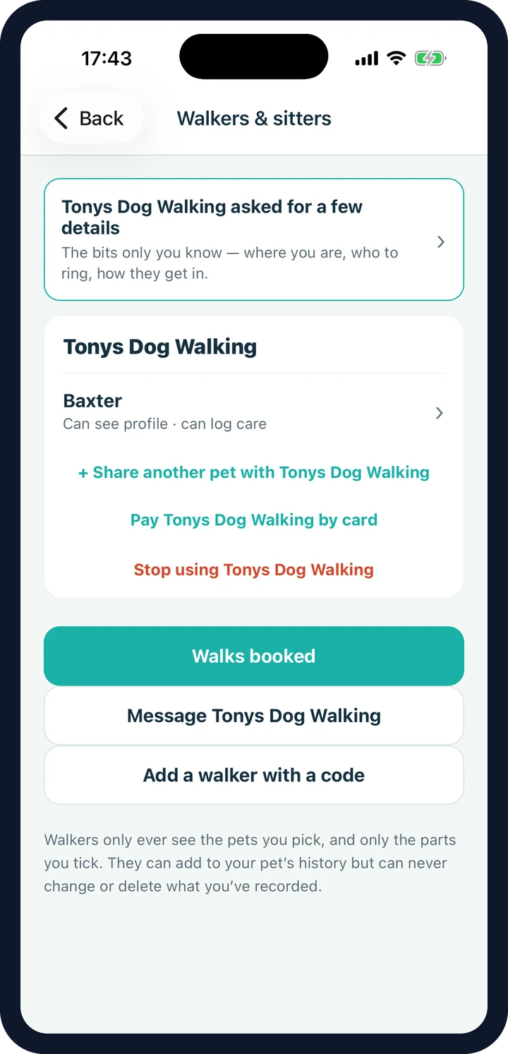CorePaw walkers and sitters screen showing one walker, what they can see for each dog, and buttons to book, message or stop sharing