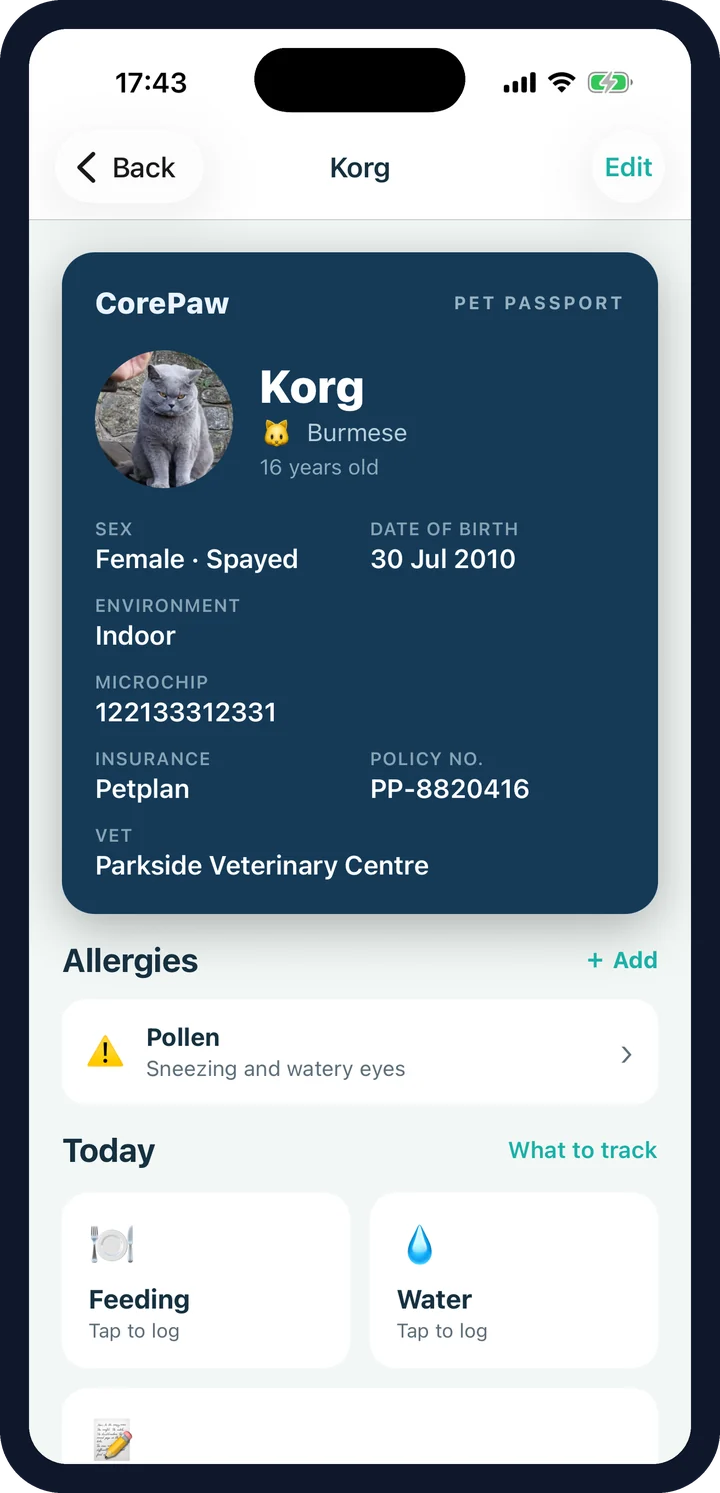 A cat's CorePaw passport showing indoor status, microchip, insurance and a pollen allergy